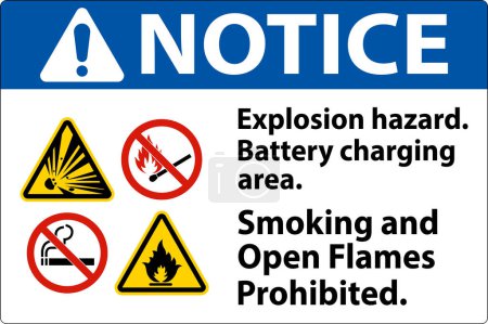 Illustration for Notice Sign Explosion Hazard, Battery Charging Area, Smoking And Open Flames Prohibited - Royalty Free Image