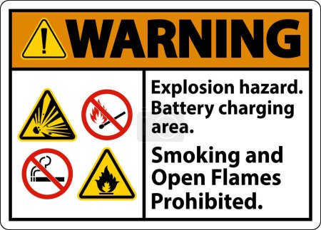 Ilustración de Peligro de explosión de señal de advertencia, área de carga de la batería, se prohíbe fumar y abrir llamas - Imagen libre de derechos