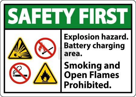 Illustration for Safety First Sign Explosion Hazard, Battery Charging Area, Smoking And Open Flames Prohibited - Royalty Free Image