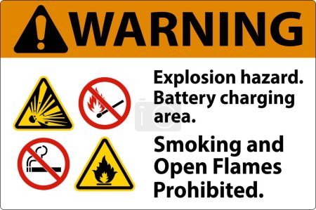 Ilustración de Peligro de explosión de señal de advertencia, área de carga de la batería, se prohíbe fumar y abrir llamas - Imagen libre de derechos