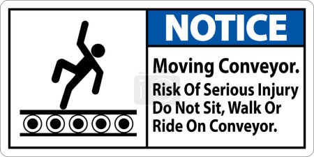 Illustration for Notice Sign Moving Conveyor, Risk Of Serious Injury Do Not Sit Walk Or Ride On Conveyor - Royalty Free Image