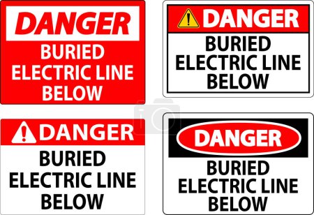 Téléchargez les illustrations : Danger signe enterré ligne électrique ci-dessous sur fond blanc - en licence libre de droit