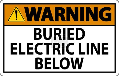 Téléchargez les illustrations : Panneau d'avertissement enterré ligne électrique ci-dessous sur fond blanc - en licence libre de droit