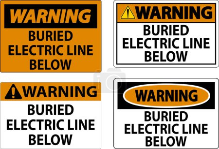 Téléchargez les illustrations : Panneau d'avertissement enterré ligne électrique ci-dessous sur fond blanc - en licence libre de droit