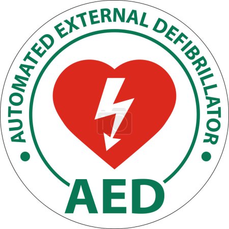 Téléchargez les illustrations : Panneau de plancher AED avec coeur de défibrillation, Panneau de plancher de frontière rouge - en licence libre de droit