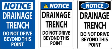 Téléchargez les illustrations : Panneau d'avertissement Tranchée de drainage - Ne conduisez pas au-delà de ce point - en licence libre de droit