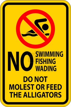 Illustration for Alligator Warning Sign No Swimming Fishing Wading, Do Not Molest Or Feed The Alligators - Royalty Free Image