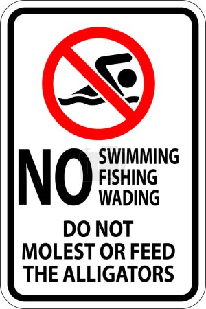 Illustration for Alligator Warning Sign No Swimming Fishing Wading, Do Not Molest Or Feed The Alligators - Royalty Free Image