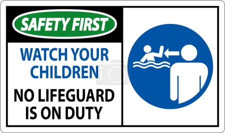 Illustration for Pool Safety First Sign - Watch your Children, No Lifeguard on Duty - Royalty Free Image