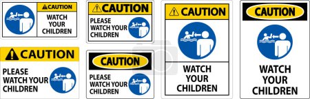 Illustration for Pool Safety Sign Caution, Watch your Children with Man Watching - Royalty Free Image