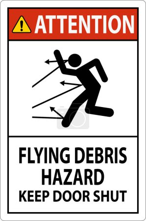 Ilustración de Señal de atención, Peligro de escombros voladores, Mantenga la puerta cerrada - Imagen libre de derechos