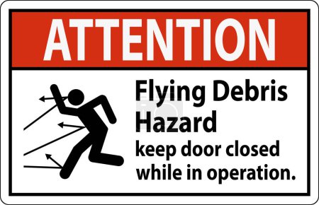 Ilustración de Señal de atención indicando el riesgo de escombros voladores, aconsejando mantener la puerta cerrada. - Imagen libre de derechos
