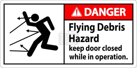 Danger sign indicating the risk of flying debris, advising to keep the door closed.