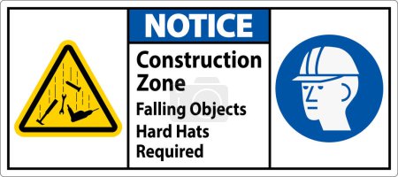 Señal de aviso, zona de construcción, caída de objetos sombreros duros necesarios