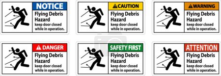Ilustración de Señal de advertencia indicando el riesgo de escombros voladores, aconsejando mantener la puerta cerrada. - Imagen libre de derechos