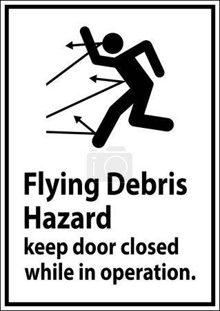 Ilustración de Señal de advertencia indicando el riesgo de escombros voladores, aconsejando mantener la puerta cerrada. - Imagen libre de derechos