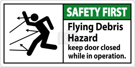 Ilustración de Seguridad Primera señal que indica el riesgo de los escombros voladores, aconsejando mantener la puerta cerrada. - Imagen libre de derechos