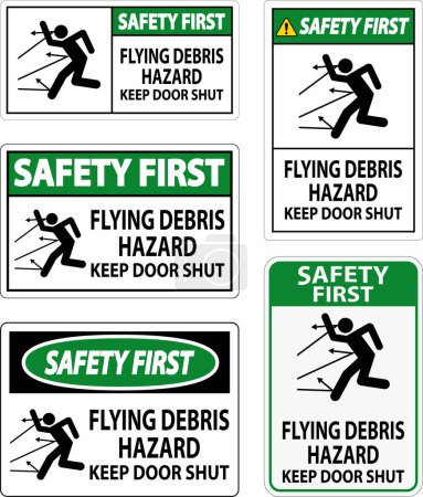 Ilustración de Primera señal de seguridad, peligro de escombros voladores, mantener la puerta cerrada - Imagen libre de derechos