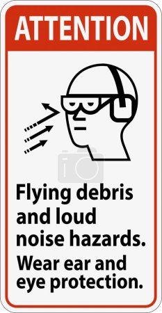 A attention sign depicting the necessity of wearing ear and eye protection due to flying debris and loud noise hazards.