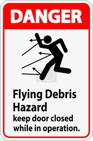 Ilustración de Señal de peligro que indica el riesgo de escombros voladores, aconsejando mantener la puerta cerrada. - Imagen libre de derechos