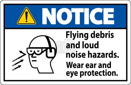 A Notice sign depicting the necessity of wearing ear and eye protection due to flying debris and loud noise hazards.