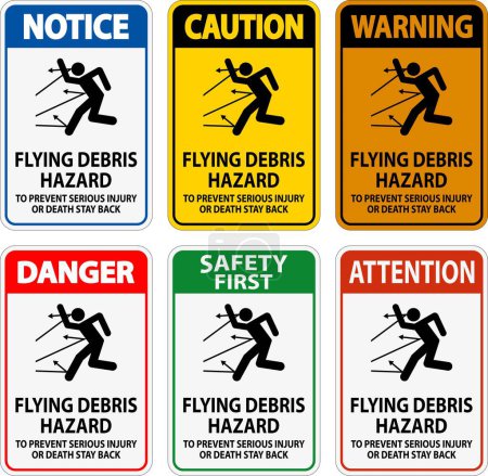 Illustration for Danger Sign, Flying Debris Hazard - To Prevent Serious Injury Or Death Stay Back - Royalty Free Image