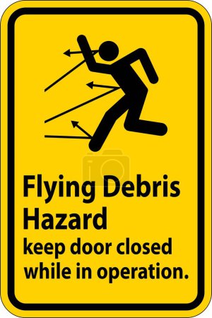 Illustration for Warning sign indicating the risk of flying debris, advising to keep the door closed. - Royalty Free Image