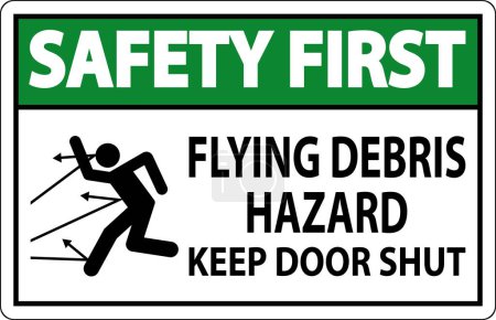 Ilustración de Primera señal de seguridad, peligro de escombros voladores, mantener la puerta cerrada - Imagen libre de derechos