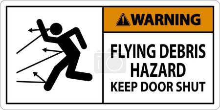 Ilustración de Señal de advertencia, Peligro de escombros voladores, Mantenga la puerta cerrada - Imagen libre de derechos