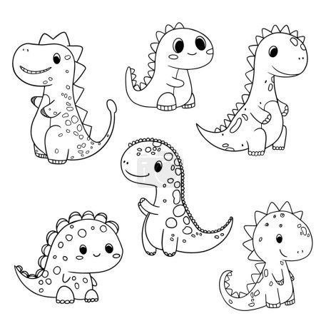 Illustration for Clipart set of cute black and white dinosaurs. Vector illustration in cartoon style for coloring. - Royalty Free Image