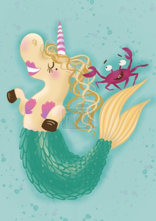 Eine süße Einhorn-Meerjungfrau in einem Muschel-BH mit langen welligen Haaren und lustigen Krabben auf dem Schwanz