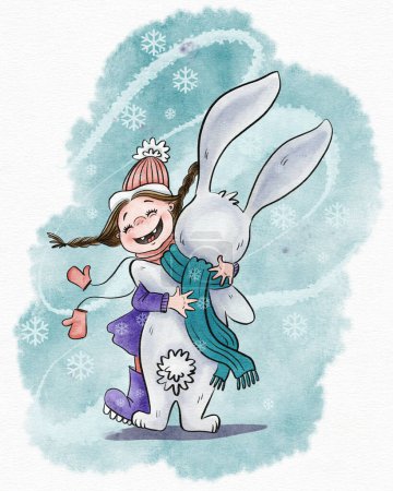 Photo for Cute liitle laughing girl with braids in winter clothes embracing a rabbit in a scarf - Royalty Free Image