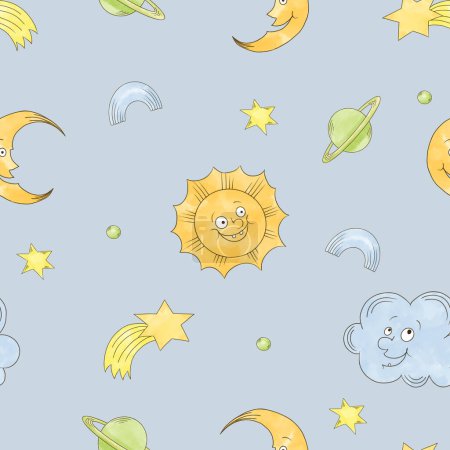 Photo for Seamless pattern of funny cartoon planets: the sun, the moon, Saturn, stars and rainbow in muted colours - Royalty Free Image