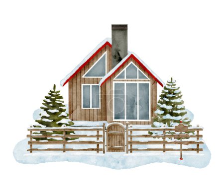 Watercolor winter house landscape. Hand drawn wood cabin with chimney, snowdrift, wooden fence, snowy fir trees isolated on white background. Christmas countryside scene. Cozy cottage in woods scene