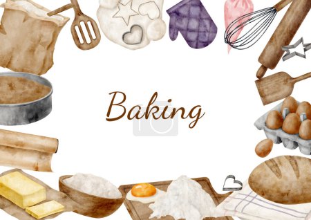 Téléchargez les photos : Watercolor bakery border frame. Cooking utensils and ingredients horizontal background template with copy space isolated on white. Homemade baking bread, kitchen tools illustration - en image libre de droit