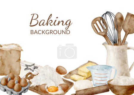 Watercolor baking ingredients background. Border frame with cooking utensils in jug, flour bag, dough, eggs, butter, isolated on white. Kitchen tools illustration. Bakery banner, cookbook, blog