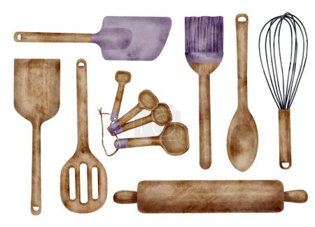 Watercolor baking utensils set. Hand drawn wooden spatula, pastry brush, whisk, mixing spoon, rolling pin, measuring spoons isolated on white background. Kitchenware illustration for bakery poster