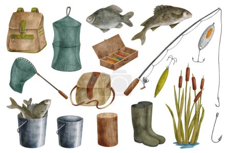 Photo for Watercolor fishing equipment set. Hand drawn fishing rod, bait, lure, net, bucket with fish, creel, backpack and reed isolated on white background. Angling hobby supplies. Catching fish, camping - Royalty Free Image