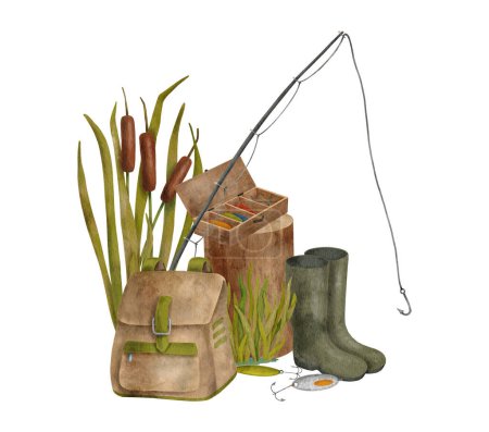 Photo for Watercolor fishing composition with hand drawn fishing rod, lure, reed plant, camping backpack and rubber boots isolated on white background. Angling hobby illustration for cards, Fathers Day - Royalty Free Image