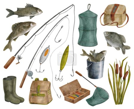 Watercolor fishing set. Hand drawn fishing rod, bait, lure, net, bucket with fish, creel, backpack and reed isolated on white background. Angling hobby equipment. Catching fish, camping