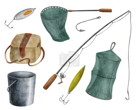Photo for Watercolor fishing tackle set. Hand drawn fishing rod, net, metal bucket, wicker creel, hook, bait, lure isolated on white background. Angling sport hobby equipment. Summer catching fish illustration - Royalty Free Image