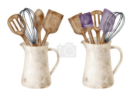 Photo for Watercolor baking utensils in jug set. Hand drawn wooden spatula, pastry brush, mixing spoon and whisk in ceramic jar isolated on white background. Kitchenware for recipe book, menu, poster, logo - Royalty Free Image