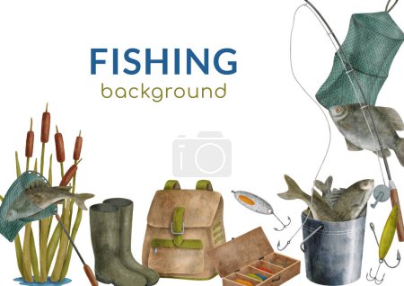 Photo for Watercolor fishing background. Horizontal frame with hand drawn fishing rod, bait, lure, landing net, bucket with fish, backpack and reed isolated on white. Angling frame, catching fish banner - Royalty Free Image