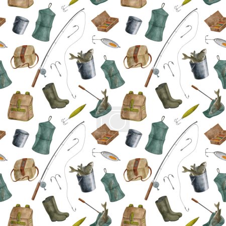 Photo for Watercolor fishing equipment seamless pattern. Hand drawn fishing rod, bait, lure, net, bucket with fish, creel, backpack isolated on white background. Angling hobby supplies. Catching fish, camping - Royalty Free Image