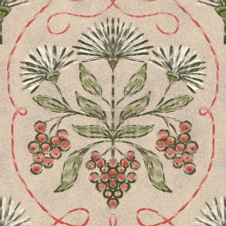 Téléchargez les photos : Floral ethnic seamless pattern on calm beige background. Natural repeated design with symmetric flower and berries in neutral muted colors. Block print style traditional motif for textile, carpets - en image libre de droit