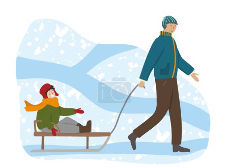 Illustration for Father pulling sledge with kid. Happy man and smiling child on sled enjoying winter outdoor activity. Flat cartoon vector illustration. Parent and son spending leisure time together in snowy park - Royalty Free Image