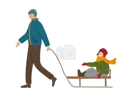 Illustration for Father pulling sledge with kid. Happy man and smiling child on sled enjoying winter outdoor activity. Flat cartoon vector illustration. Parent and son spending leisure time together isolated on white - Royalty Free Image