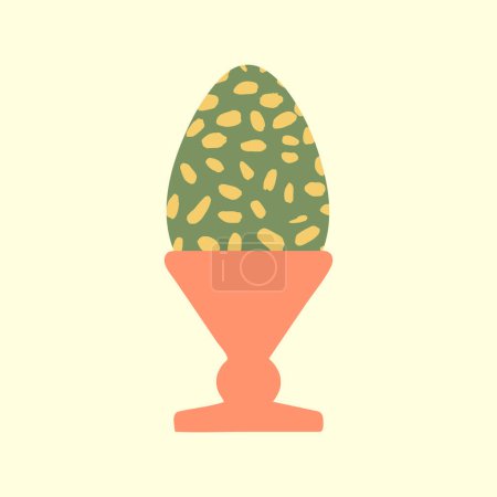 Huevo de colores en la ilustración del vector de taza. Comida de Pascua. Huevo verde pintado hervido con pinceladas amarillas dibujadas a mano servidas en soporte de huevo rosa. Feliz diseño de Pascua, fondo amarillo. Icono de comida pascual