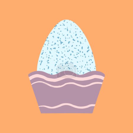 Gefärbtes Ei in Tasse Vektor Illustration. Ostermahlzeit. Bemaltes Schachbrett blaues Ei serviert in Eierhalter mit handbemalten strukturierten Pinselstrichen verziert. Frohe Ostern. Osterspeise