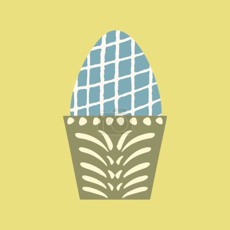 Huevo de colores en la ilustración del vector de taza. Decoración de comida de Pascua. Pintado tablero de ajedrez huevo azul servido en titular de huevo decorado con pinceladas texturizadas pintadas a mano. Feliz diseño de Pascua. Alimento pascual